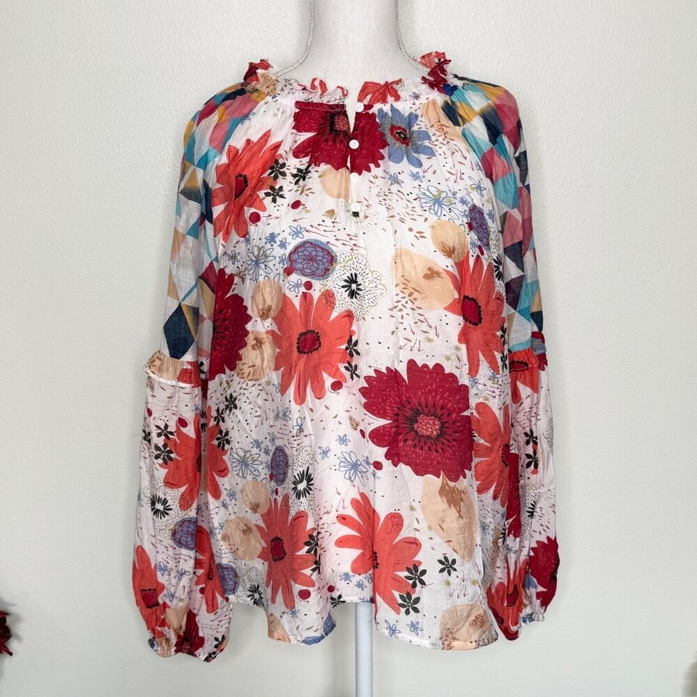 Fate Colorful Floral Peasant Blouse Ruffle Neck Long Sleeve Bohemian Top Sz M
